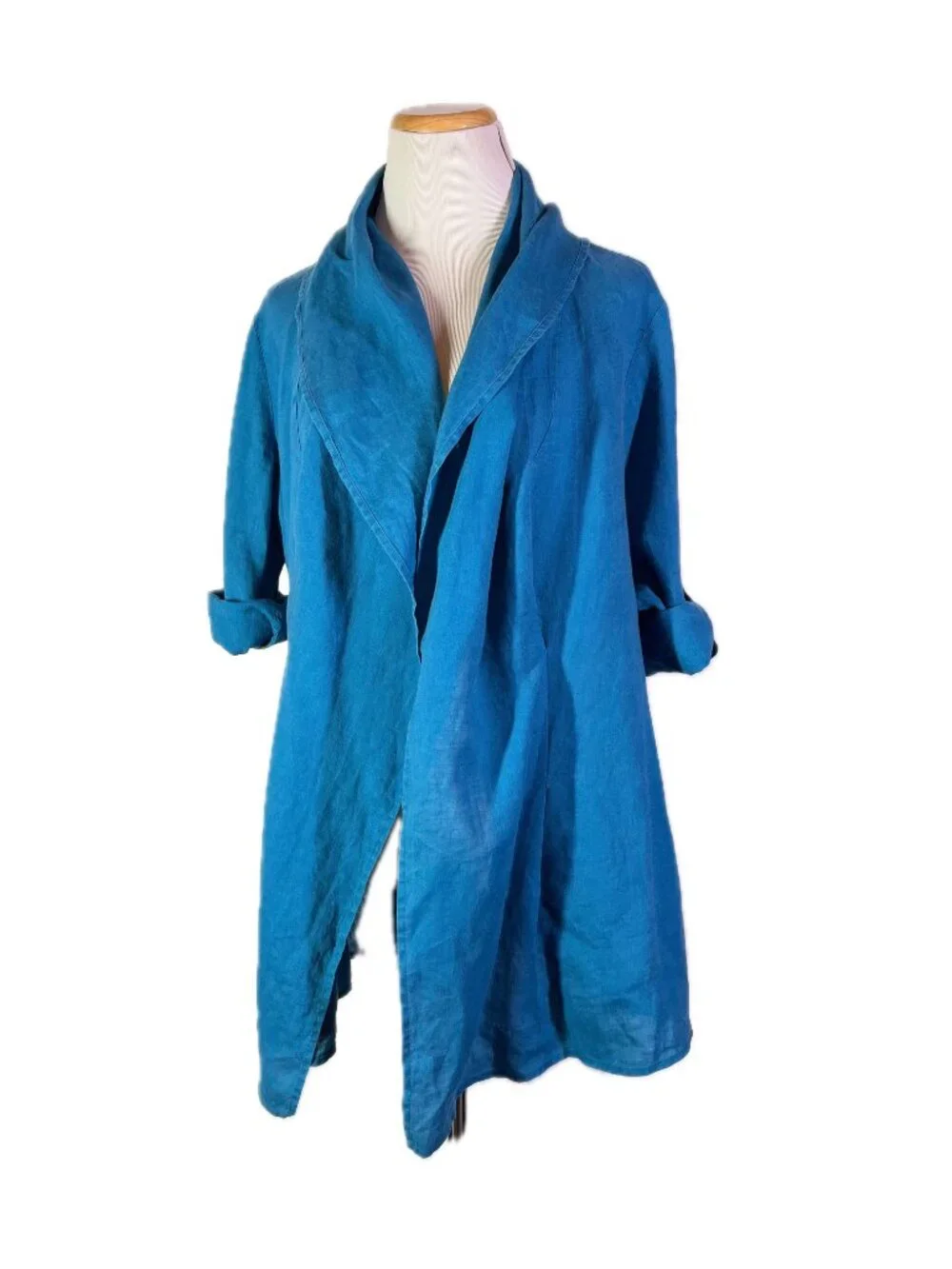 Soft Surroundings Size M Teal Linen Hooded Jacket Open-Front Roll-Tab Sleeves